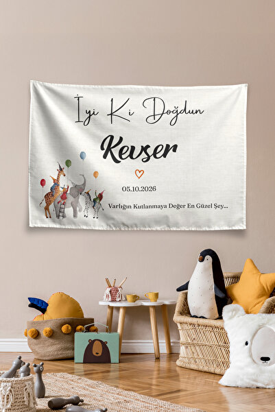 Vagonik Kişiye Özel Safari Temalı Doğum Günü Happy Birthday Duvar Örtüsü Duva...