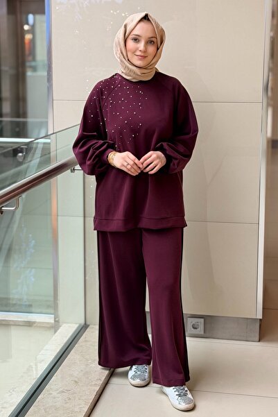 Nuss Omuzu Serpme Taşlı Tunik Pantolon Takım