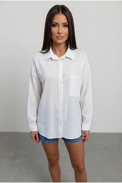 MODAMERSİ Women's White Striped Pocket Detailed Shirt