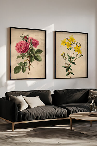 STARYUNA Black Wooden Framed Vintage Botanical Floral Illustration Double Pai...