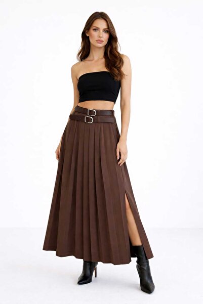 kikiriktekstil 10939 Women's Double Belt Layer Side Slit Detailed Pleated Max...