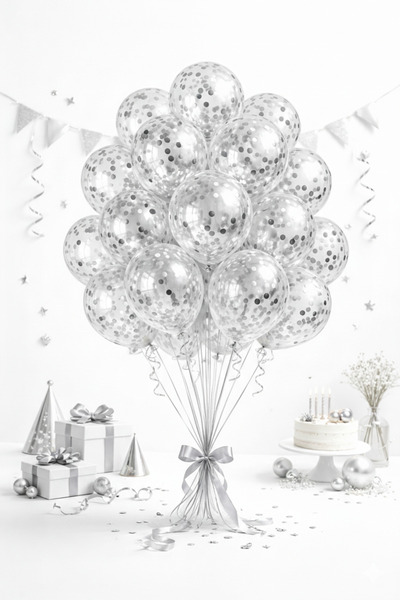 party mix Şeffaf Gümüş Konfetili Balon Seti 15 Adet – Parti & Doğum Günü Süsl...