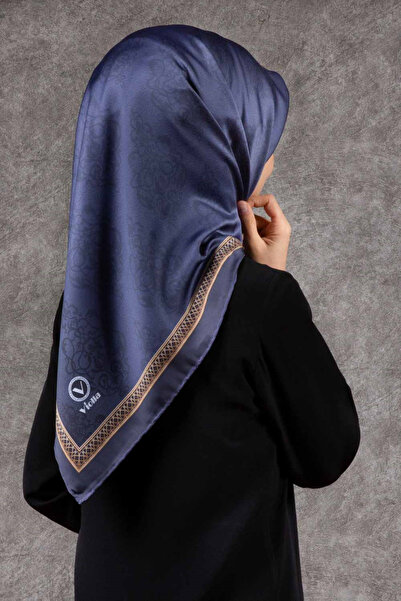 VİOLLA Twill Kare Desenli İndigo Renkli 90x90 Eşarp (İpek İçermez) Kenar Diki...