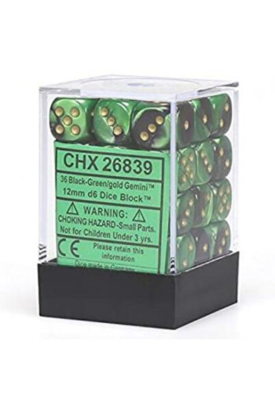Chessex Zaruri Gemini 12mm d6 cu puncte (36 de zaruri) - Negru-Verde cu auriu