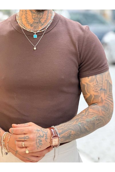 manch collection Basic Fitilli Slim Kalıp T-Shirt kahverengi