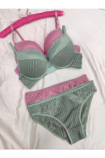 Love Angels Striped Lace Detailed Push-Up Padded Underwear Set-Bra Panty Set