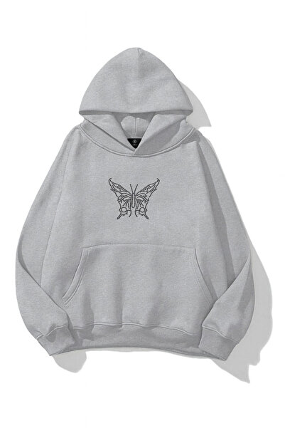 Flaubert -Unisex Lines Stone Printed Butterfly Black Sweatshirt 3 Thread Comp...