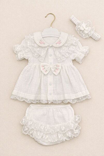 Kardeşler Bebe Lace Detailed Bowknot Baby Girl Set 3-Piece Summer Set Cotton ...