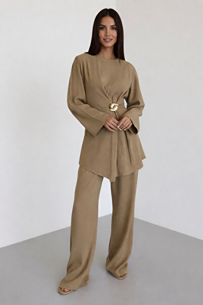 My Blog Khaki Gold Brooch Blouse Pants Set - 8759