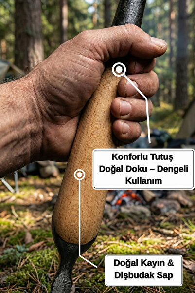 JuneThree Çok Fonksiyonlu Kamp Baltası 27 cm - Yekpare Dövme Çelik Ahşap Saplı Deri Kılıflı Outdoor Balta