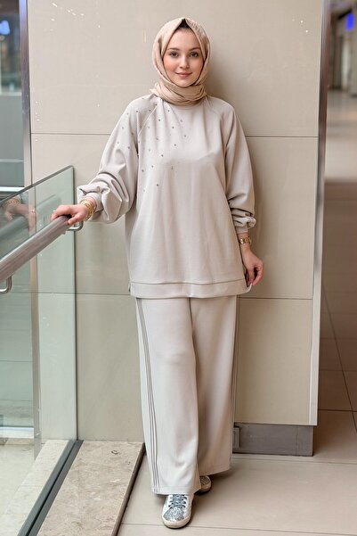 Nuss Omuzu Serpme Taşlı Tunik Pantolon Takım