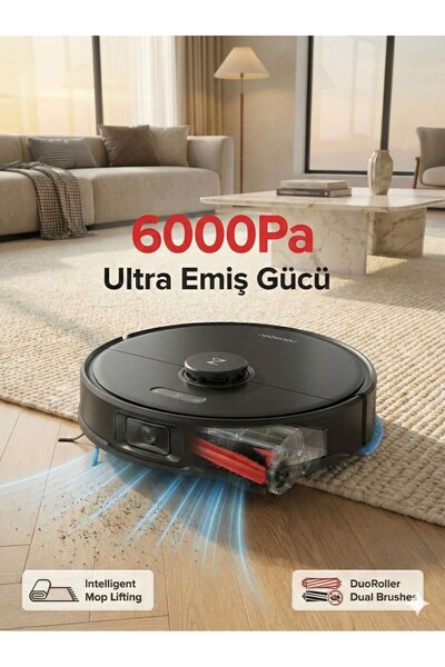 Roborock 6000 Pa Ultra Güçlü Emiş ve Çift Kauçuk Fırçalı Akıllı Robot Süpürge...