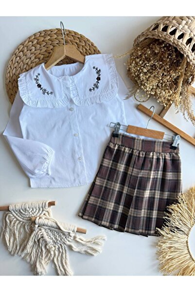 kr kids Kız Çocuk Nakışlı Beyaz Gömlek Ekose Piliseli Etek Takım – 2 Parça Şı...