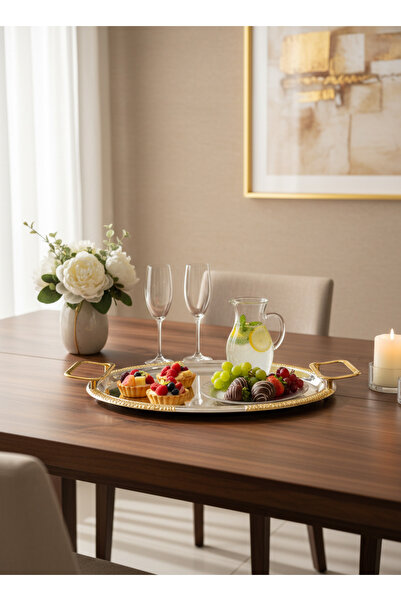 Living Modern Oval Metal Serving Tray with Luxurious Gold Handles & Decorativ...