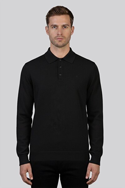 PR PACO ROMANO ART OF FASHİON Men's Long Sleeve Black Polo Collar Knit Sweater