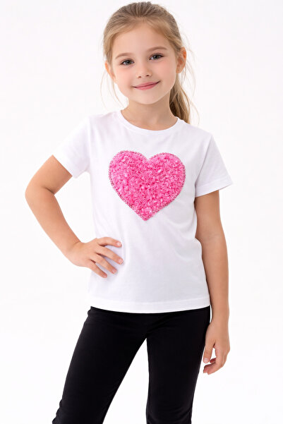 Nacar Kız Çocuk Kalp Detaylı Tişört 23 Nisan 29 Ekim Gösteri Tişört