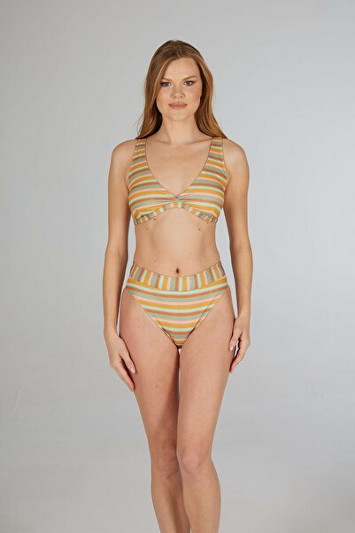 Estiva Women's Striped Orange Green Belt Piece Double-Breasted Bikini Set