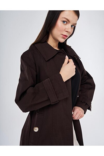 Kayra Şömizye Yaka Kuşaklı Trençkot Koyu Kahve 14012