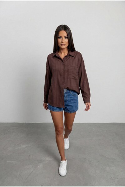 MODAMERSİ Women's Brown Striped Shirt with Pocket Detail
