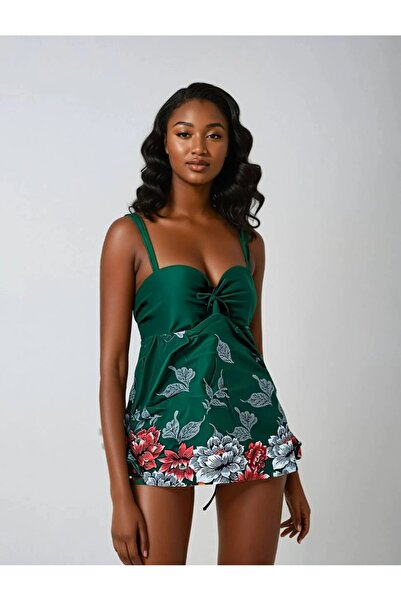 Yasmy Collection Kadın Zümrüt Yeşili Çiçek Desenli Elbise Model Büyük Beden S...