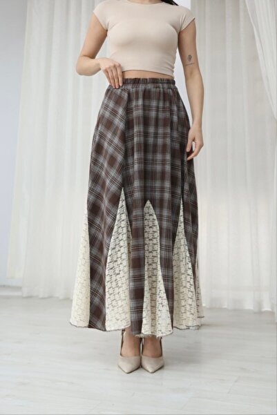 BLUSS Women's Brown Plaid Patterned Lace Detailed Bohemian Maxi Skirt - Bell ...