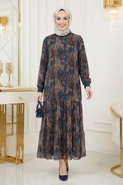 Hb Harma Time Butik Women's Lined Shawl Pattern Navy Blue Chiffon Dress