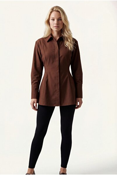 MODAMERSİ Women's Brown Hidden Button Shirt