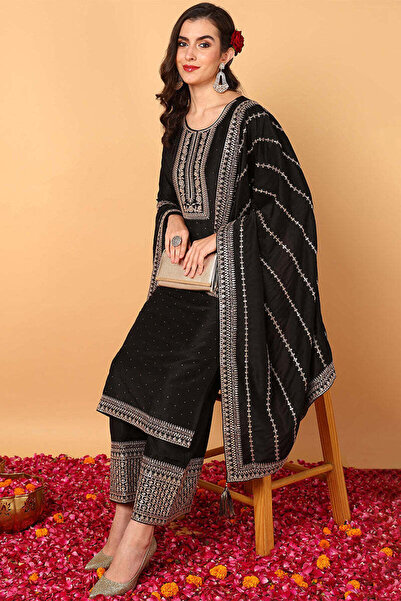 ZERE Black Silk Blend Solid Embroidered Straight 3-Piece Kurta Set