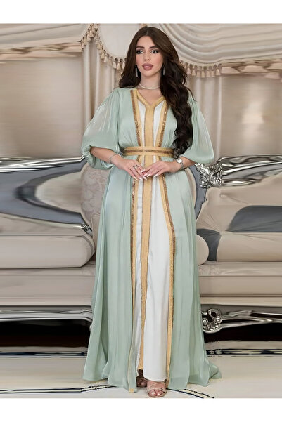 FridayIn قفطان أنيق بياقة على شكل حرف V، وتطريز بلون متباين، وشريط مزين بشريط...