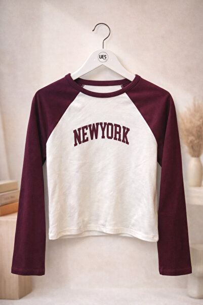 ues New York Bordo Kol Detaylı Uzun Kollu Çocuk Tişört