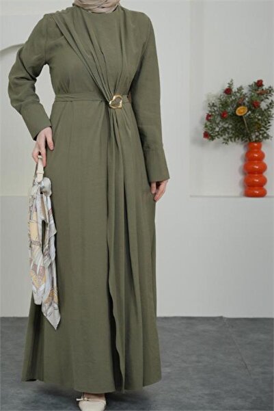 Neşeli Butik Women's Black Draped Gold Buckle Detail Hijab Dress Nbvq4958