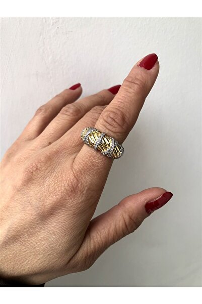 Gözde Tasarım Butik Women's Gold Gold Color Wide Bombed Stone-Set Steel Ring