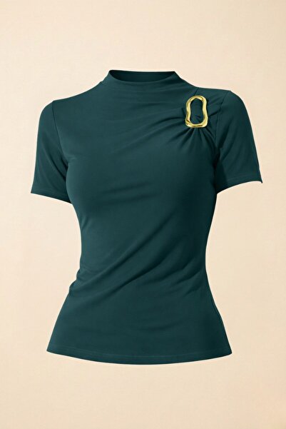 Potenza Women's T-Shirt Short Sleeve Gold Buckle Detail Ruched Half Turtlenec...