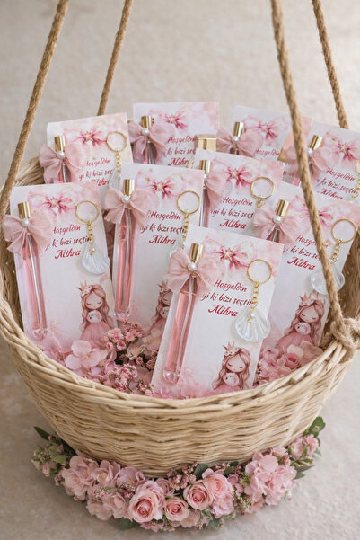 Defne 10 adet kuşe kagıt üzeri kolonya ve inci detaylı anahtarlık. Doğum günü...