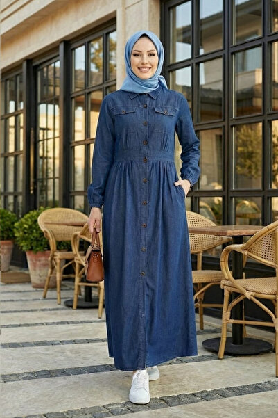 Hb Harma Time Butik Women's Buttoned Long Dark Denim Blue Hijab Dress