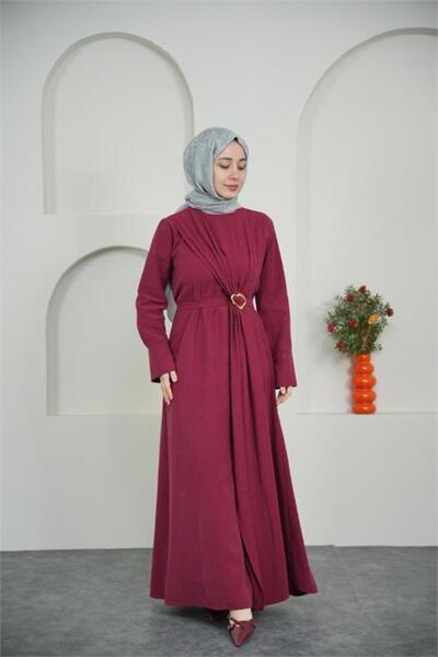 Neşeli Butik Women's Burgundy Draped Gold Buckle Detail Hijab Dress Nbvq4958