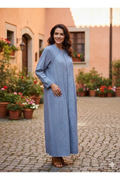 çıkrıkçı tekstil Kot Görünümlü Mavi Keten Ferace