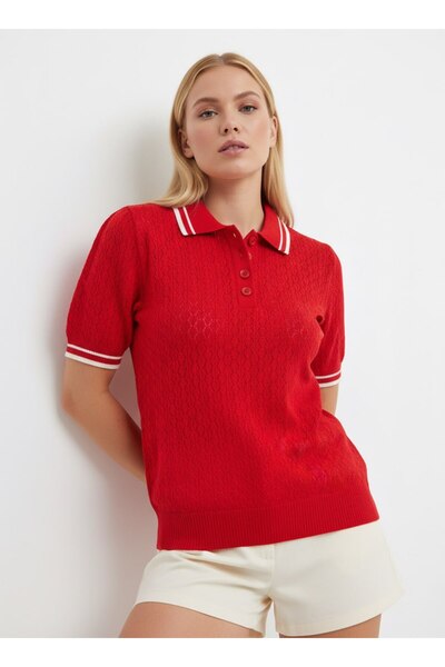 Noi Belis Polo Collar Half Placket Buttoned Perforated Knitwear Blouse Ss26Bz...