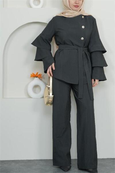 Neşeli Butik Women's Black Layered Sleeve Gold Button Detailed Hijab Set Nbvq...