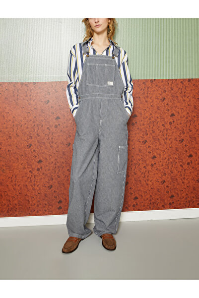 ozze butik Kadın Çizgili Denim Salopet Tulum
