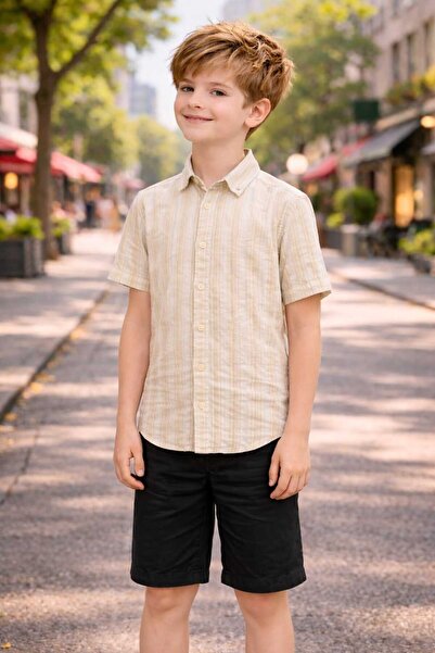 CALEMORE White Beige Striped Boy's Short Sleeve Shirt