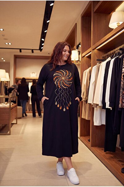 Ebsumu Women's Plus Size Dreamcatcher Embroidered Long Sleeve Black Dress