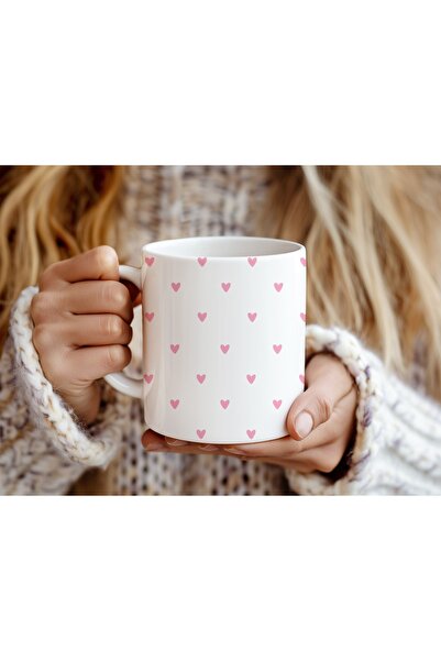 Beramussa Mini Pink Heart Detailed Mug - Small Pink Hearts Design Gift Mug
