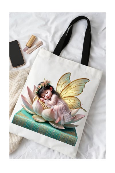 OEM Geantă Tote Bag Albă 40x36 cm – Zână Adormită cu Floare de Lotus