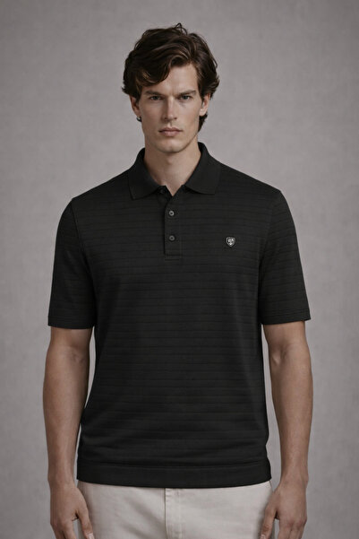 COMBİNE MİCHAİL Ανδρικό μπλουζάκι Ριγέ άνετο μαύρο με λαιμόκοψη πόλο