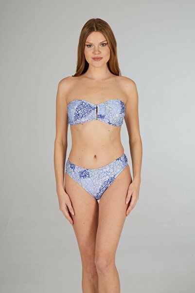 Estiva Women's Deniz Patterned Blue Buckled Strapless Bikini Set