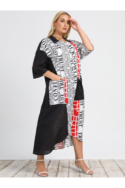FridayIn Casual Lapel English Splicing Regular sleeve Plus Size Dresses