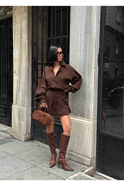 NEW JOURNAL Women's Brown Balloon Sleeve Buttoned Shirt-Skirt Set Yel221791