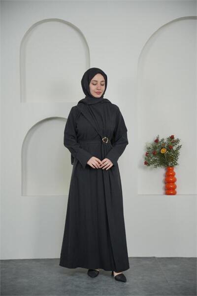 Neşeli Butik Women's Black Draped Gold Buckle Detail Hijab Dress Nbvq4958