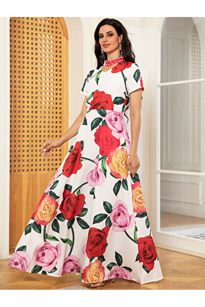 FridayIn Sweet Round neck Printing Bead Regular sleeve Long Dresses